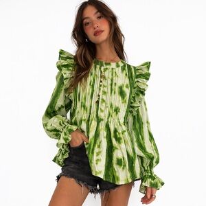 Samant Chauhan Anthropologie Top S‎ Green Tie Dye Ruffle Long Sleeve Blouse